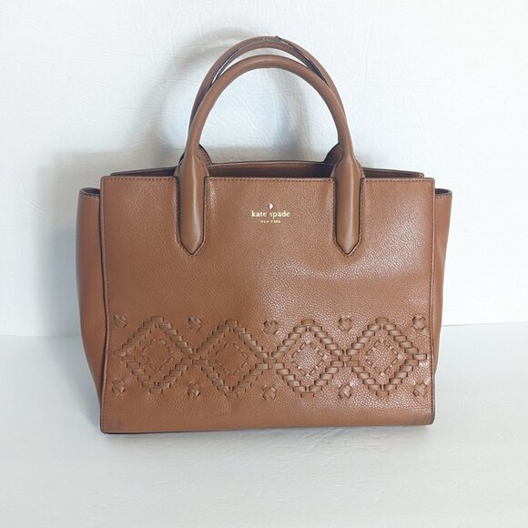 Kate Spade Flynn Street Meriweather Satchel Bag Warm Cognac Tan Braid Weave - Picture 15 of 15
